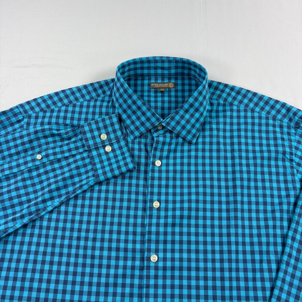 Peter Millar Shirt Mens 2XL Blue Plaid Summer Comfort Button Up Performance Golf